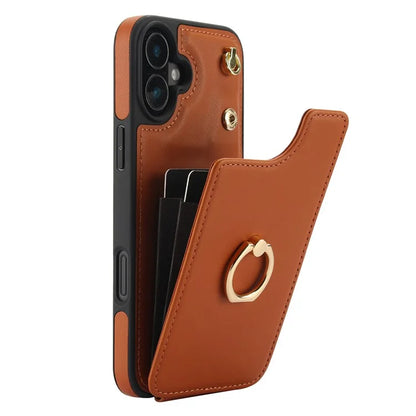For iPhone 16 Plus Case Card Holder Kickstand PU+TPU Phone Cover with Shoulder Strap