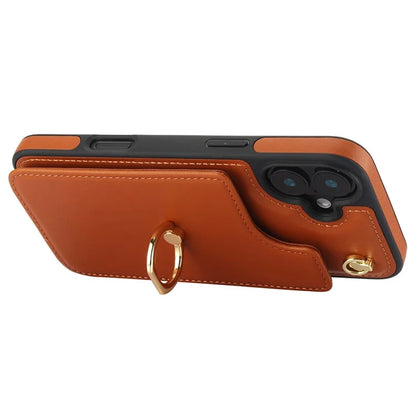 For iPhone 16 Plus Case Card Holder Kickstand PU+TPU Phone Cover with Shoulder Strap