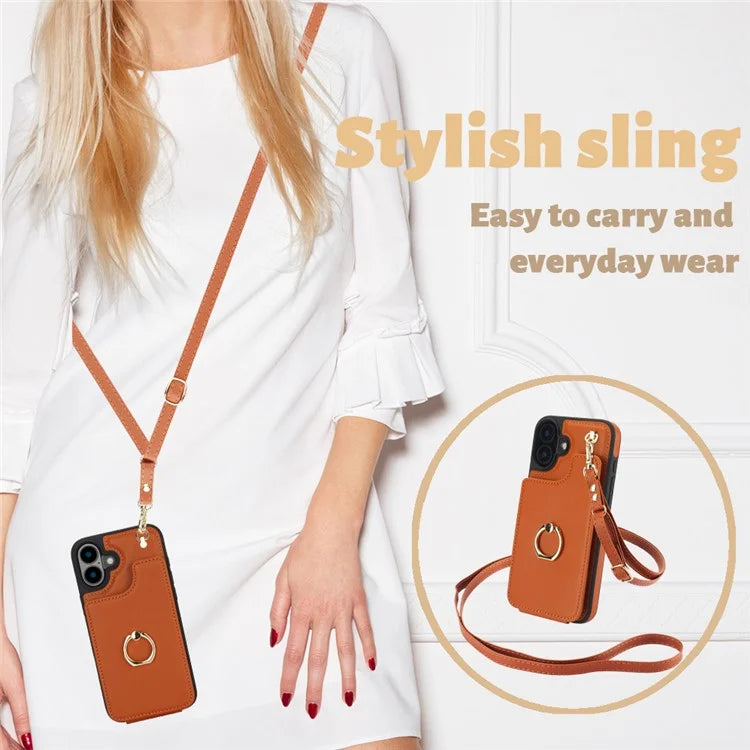 For iPhone 16 Plus Case Card Holder Kickstand PU+TPU Phone Cover with Shoulder Strap