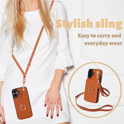 For iPhone 16 Plus Case Card Holder Kickstand PU+TPU Phone Cover with Shoulder Strap