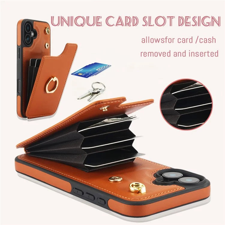For iPhone 16 Plus Case Card Holder Kickstand PU+TPU Phone Cover with Shoulder Strap