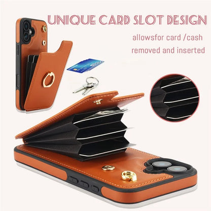 For iPhone 16 Plus Case Card Holder Kickstand PU+TPU Phone Cover with Shoulder Strap