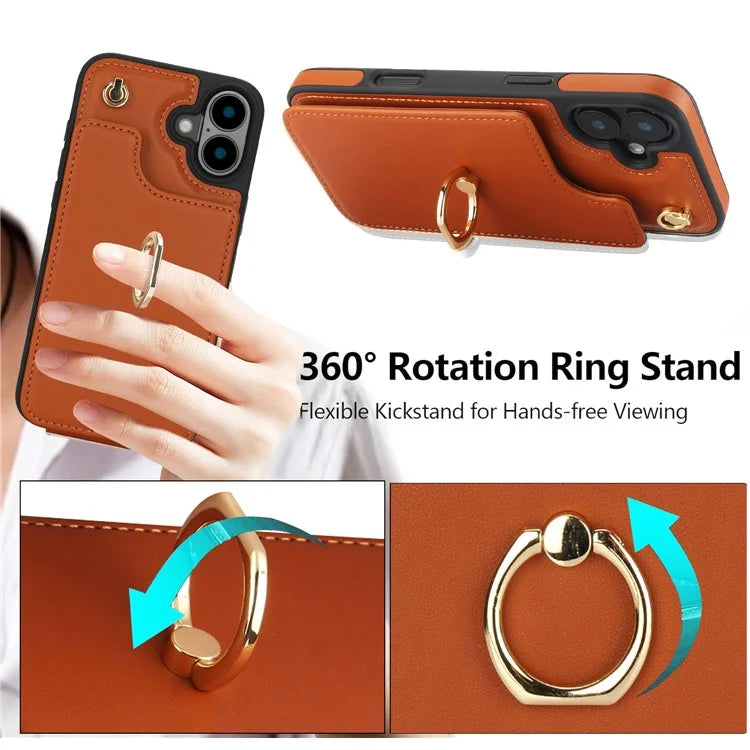 For iPhone 16 Plus Case Card Holder Kickstand PU+TPU Phone Cover with Shoulder Strap