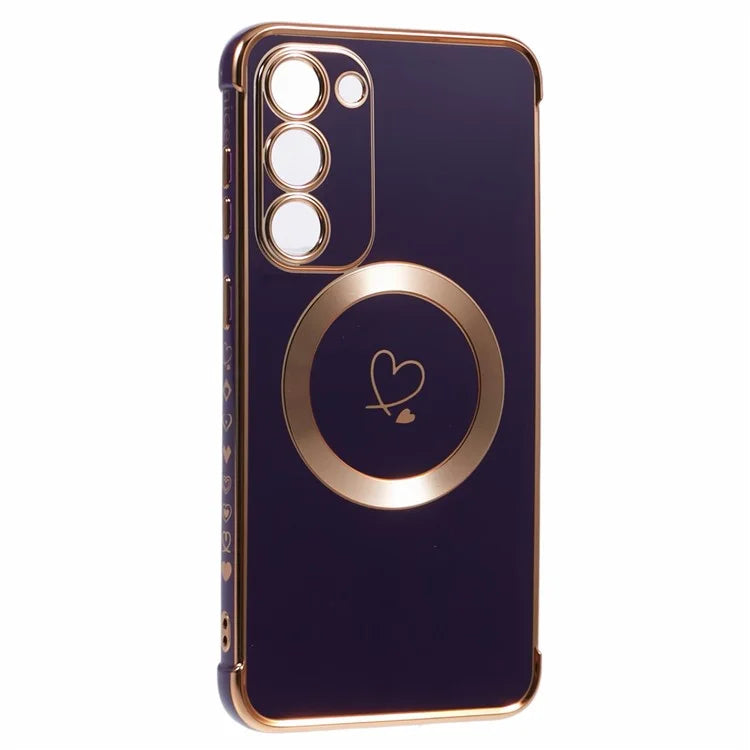 For Samsung Galaxy S23 Case Compatible with MagSafe Electroplated TPU Phone Cover Hollow Love Hearts