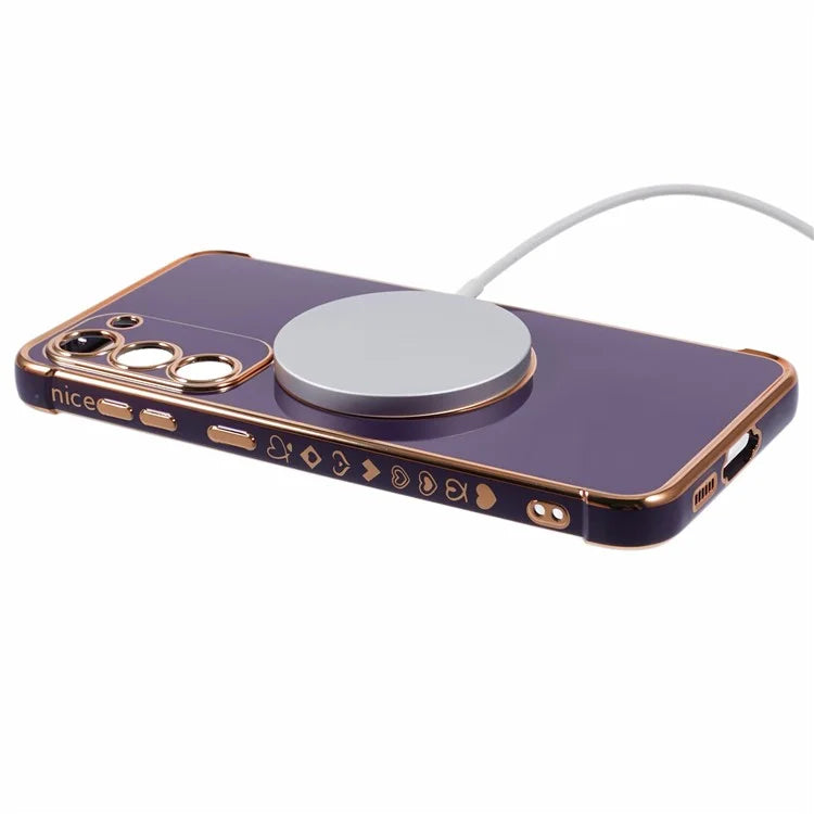 For Samsung Galaxy S23 Case Compatible with MagSafe Electroplated TPU Phone Cover Hollow Love Hearts