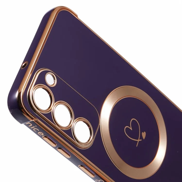For Samsung Galaxy S23 Case Compatible with MagSafe Electroplated TPU Phone Cover Hollow Love Hearts