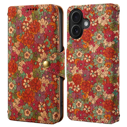 For iPhone 16 Plus Case Flower Printing Stand PU Leather Protective Phone Cover