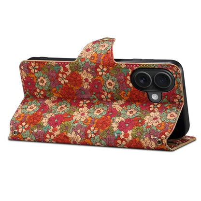For iPhone 16 Plus Case Flower Printing Stand PU Leather Protective Phone Cover