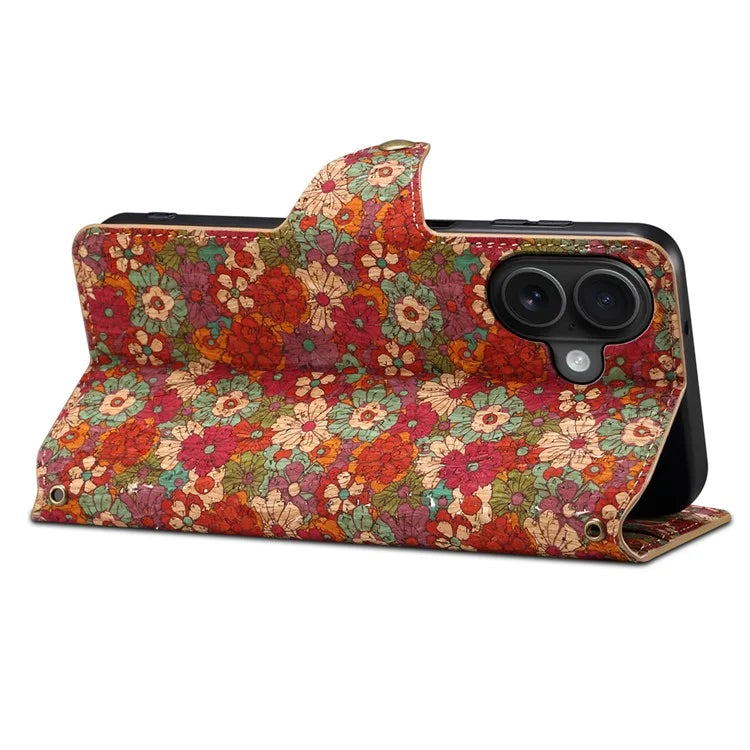 For iPhone 16 Case Flower Printing Stand PU Leather Protective Phone Cover