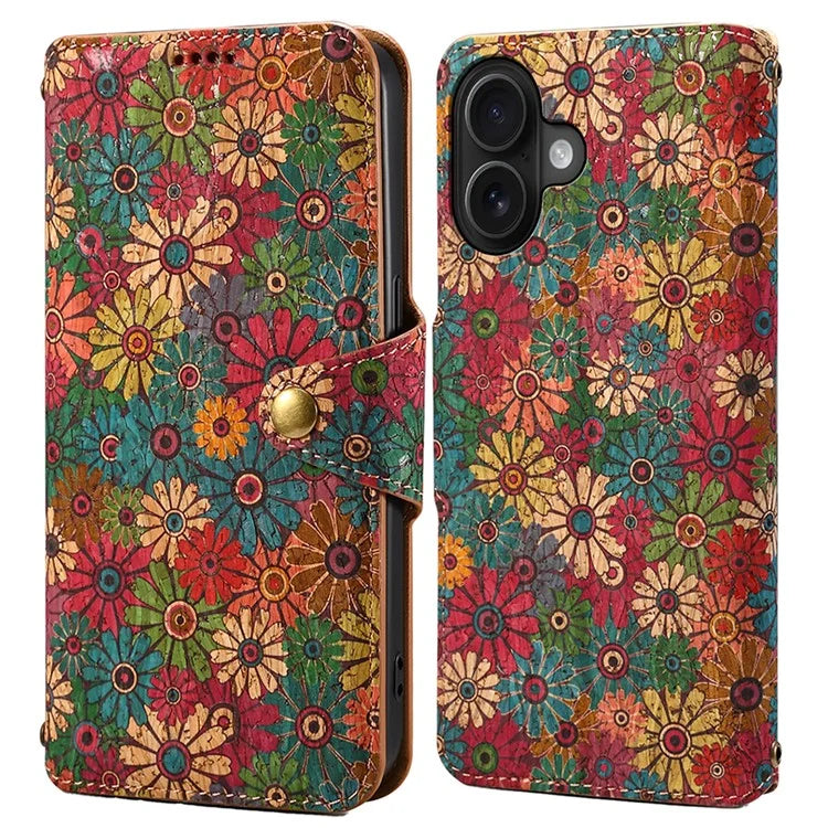 For iPhone 16 Case Flower Printing Stand PU Leather Protective Phone Cover