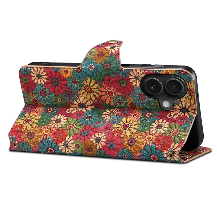 For iPhone 16 Case Flower Printing Stand PU Leather Protective Phone Cover