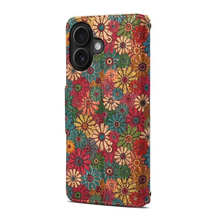 For iPhone 16 Case Flower Printing Stand PU Leather Protective Phone Cover
