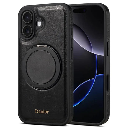 DENIOR For iPhone 16 Plus Case Rotating Magnetic Kickstand Genuine Cow Leather Phone Back Cover - Black