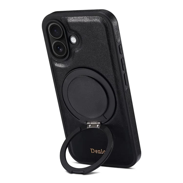 DENIOR For iPhone 16 Plus Case Rotating Magnetic Kickstand Genuine Cow Leather Phone Back Cover - Black