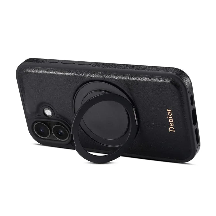 DENIOR For iPhone 16 Plus Case Rotating Magnetic Kickstand Genuine Cow Leather Phone Back Cover - Black