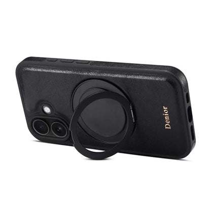 DENIOR For iPhone 16 Plus Case Rotating Magnetic Kickstand Genuine Cow Leather Phone Back Cover - Black