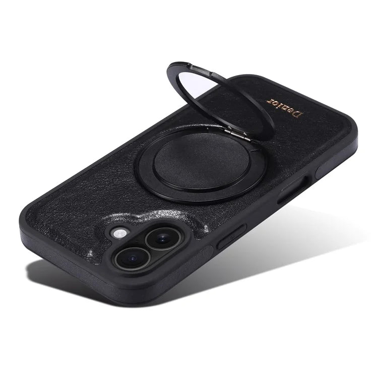 DENIOR For iPhone 16 Plus Case Rotating Magnetic Kickstand Genuine Cow Leather Phone Back Cover - Black