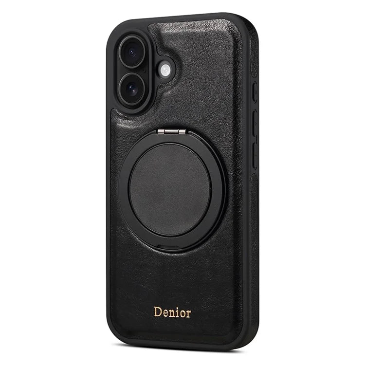 DENIOR For iPhone 16 Case Rotating Magnetic Kickstand Genuine Cow Leather Phone Back Cover - Black