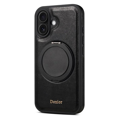 DENIOR For iPhone 16 Case Rotating Magnetic Kickstand Genuine Cow Leather Phone Back Cover - Black