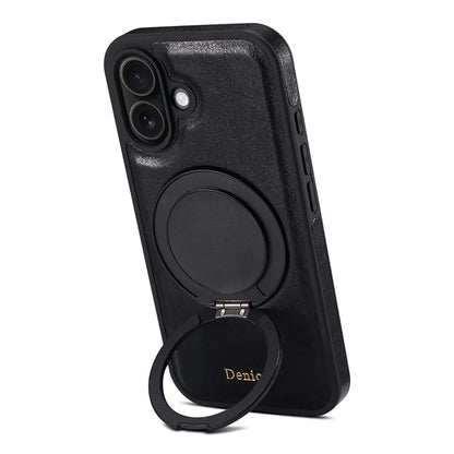 DENIOR For iPhone 16 Case Rotating Magnetic Kickstand Genuine Cow Leather Phone Back Cover - Black