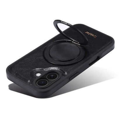 DENIOR For iPhone 16 Case Rotating Magnetic Kickstand Genuine Cow Leather Phone Back Cover - Black