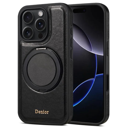 DENIOR For iPhone 16 Pro Case Rotating Magnetic Kickstand Genuine Cow Leather Phone Back Cover - Black