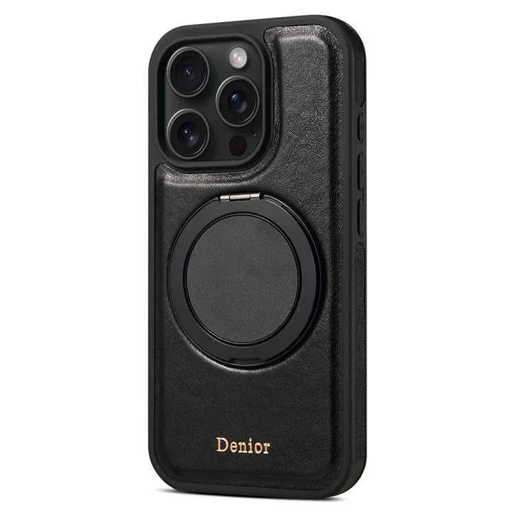 DENIOR For iPhone 16 Pro Case Rotating Magnetic Kickstand Genuine Cow Leather Phone Back Cover - Black