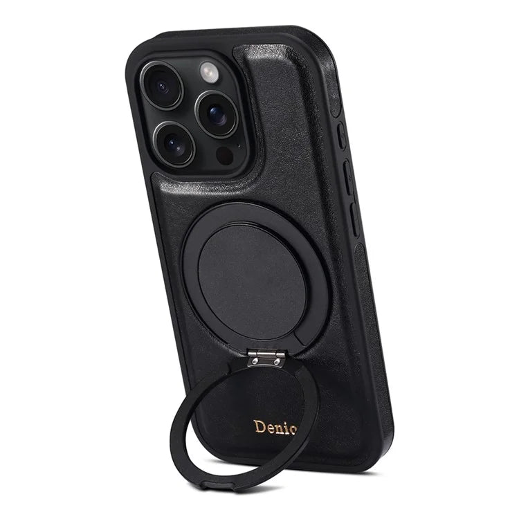 DENIOR For iPhone 16 Pro Case Rotating Magnetic Kickstand Genuine Cow Leather Phone Back Cover - Black