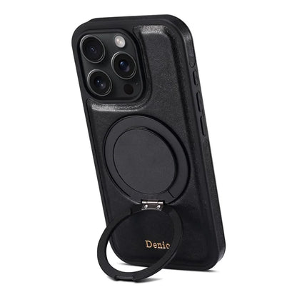 DENIOR For iPhone 16 Pro Case Rotating Magnetic Kickstand Genuine Cow Leather Phone Back Cover - Black