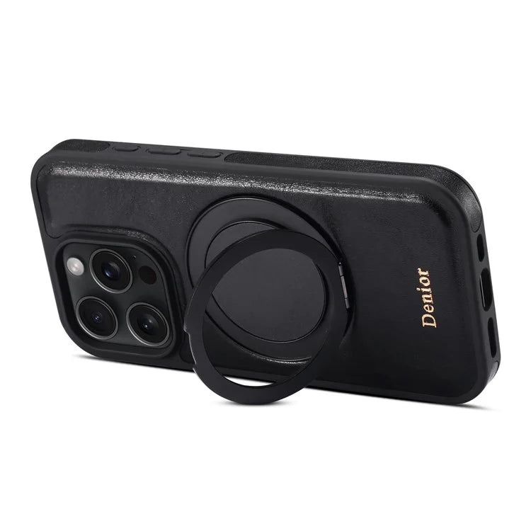 DENIOR For iPhone 16 Pro Case Rotating Magnetic Kickstand Genuine Cow Leather Phone Back Cover - Black