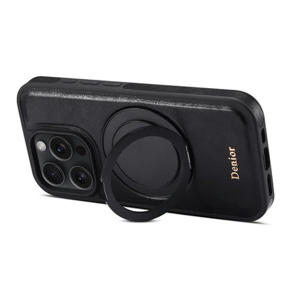 DENIOR For iPhone 16 Pro Case Rotating Magnetic Kickstand Genuine Cow Leather Phone Back Cover - Black