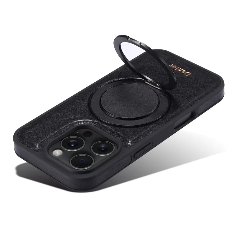 DENIOR For iPhone 16 Pro Case Rotating Magnetic Kickstand Genuine Cow Leather Phone Back Cover - Black