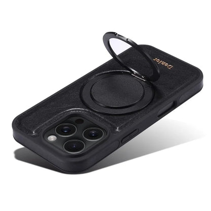 DENIOR For iPhone 16 Pro Case Rotating Magnetic Kickstand Genuine Cow Leather Phone Back Cover - Black
