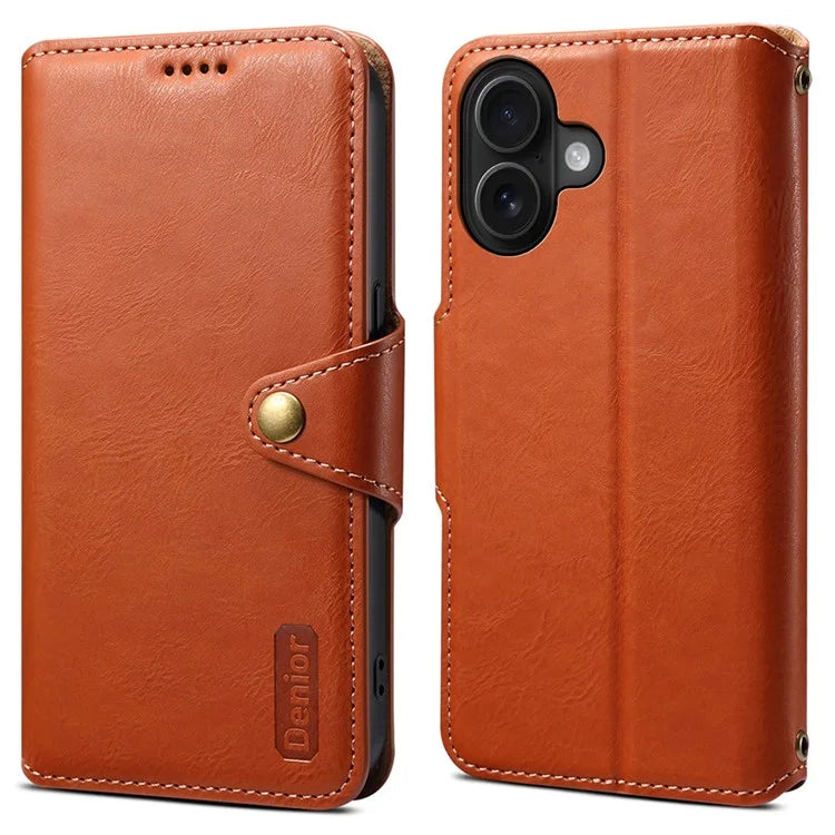 DENIOR For iPhone 16 Case Wallet Cowhide Texture Leather Phone Cover