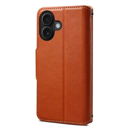 DENIOR For iPhone 16 Case Wallet Cowhide Texture Leather Phone Cover