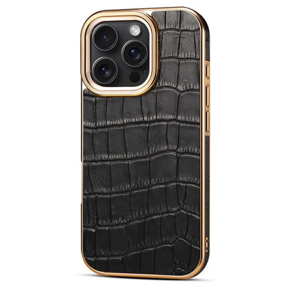 For iPhone 16 Pro Max Case Genuine Cow Leather Crocodile Texture Electroplating Phone Cover