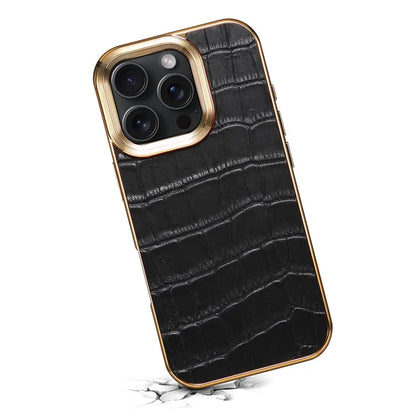 For iPhone 16 Pro Max Case Genuine Cow Leather Crocodile Texture Electroplating Phone Cover