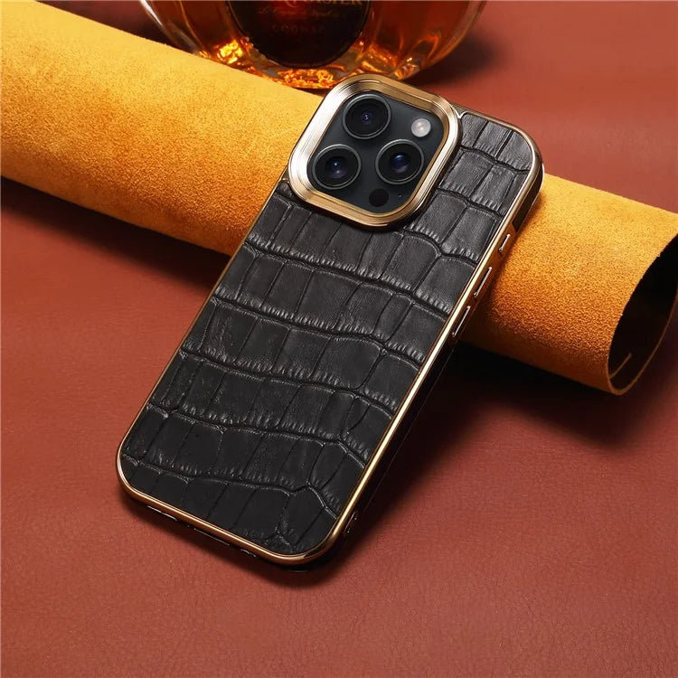 For iPhone 16 Pro Max Case Genuine Cow Leather Crocodile Texture Electroplating Phone Cover