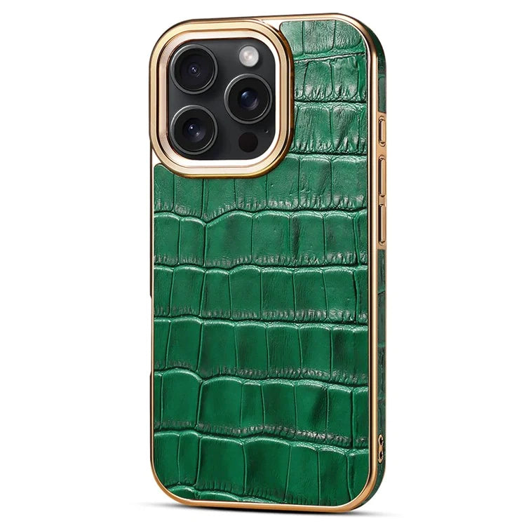 For iPhone 16 Pro Max Case Genuine Cow Leather Crocodile Texture Electroplating Phone Cover
