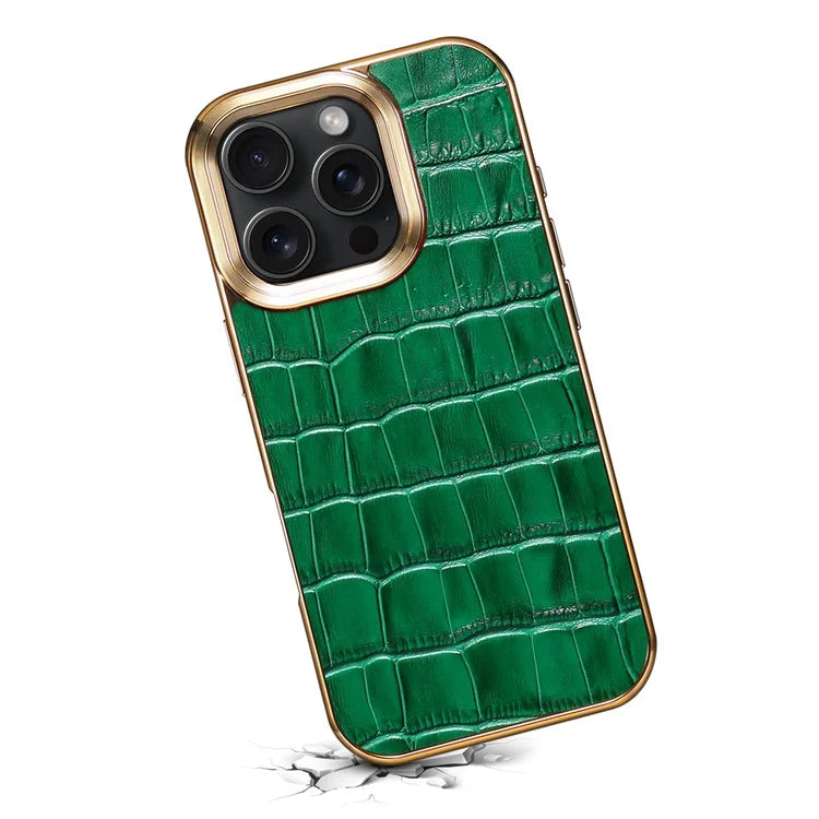 For iPhone 16 Pro Max Case Genuine Cow Leather Crocodile Texture Electroplating Phone Cover
