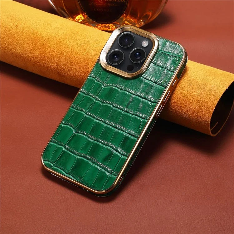 For iPhone 16 Pro Max Case Genuine Cow Leather Crocodile Texture Electroplating Phone Cover