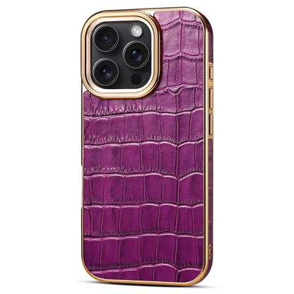 For iPhone 16 Pro Max Case Genuine Cow Leather Crocodile Texture Electroplating Phone Cover