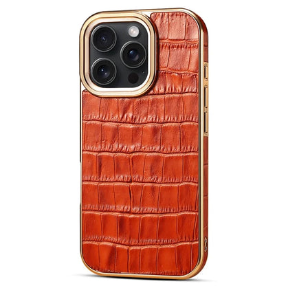For iPhone 16 Pro Max Case Genuine Cow Leather Crocodile Texture Electroplating Phone Cover
