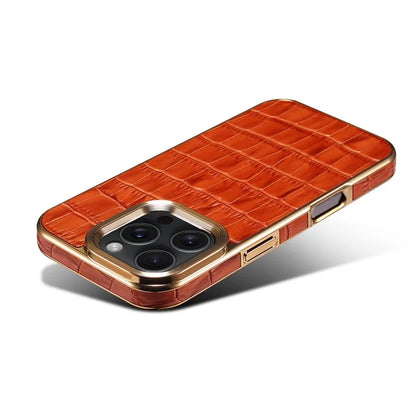 For iPhone 16 Pro Max Case Genuine Cow Leather Crocodile Texture Electroplating Phone Cover
