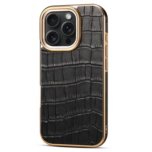 For iPhone 16 Pro Case Genuine Cow Leather Crocodile Texture Electroplating Phone Cover