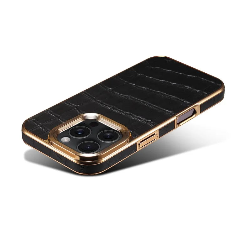 For iPhone 16 Pro Case Genuine Cow Leather Crocodile Texture Electroplating Phone Cover
