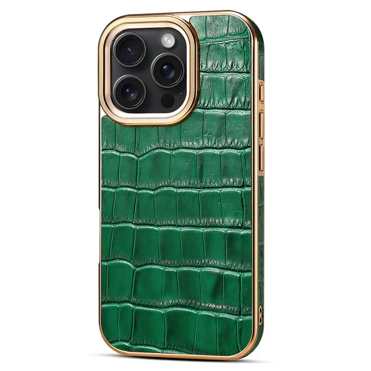 For iPhone 16 Pro Case Genuine Cow Leather Crocodile Texture Electroplating Phone Cover