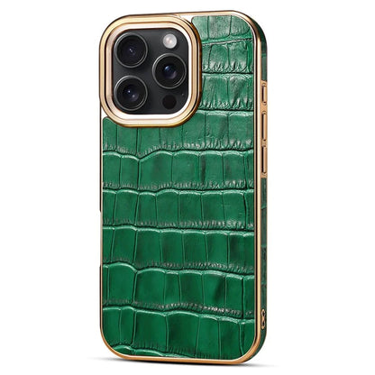 For iPhone 16 Pro Case Genuine Cow Leather Crocodile Texture Electroplating Phone Cover