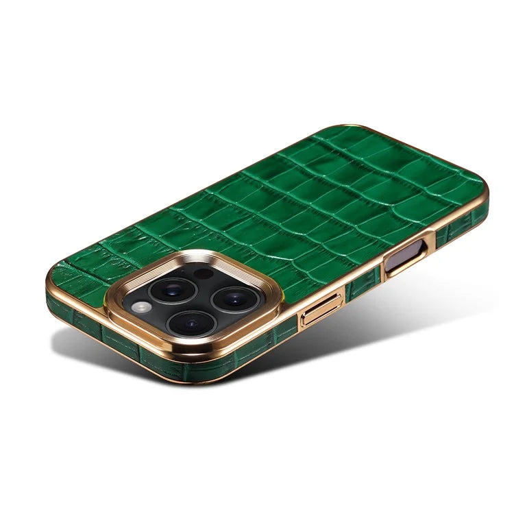 For iPhone 16 Pro Case Genuine Cow Leather Crocodile Texture Electroplating Phone Cover