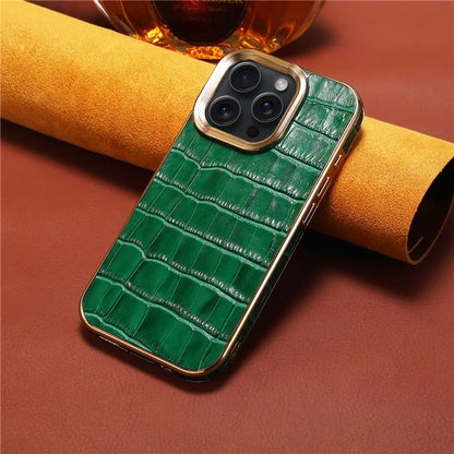 For iPhone 16 Pro Case Genuine Cow Leather Crocodile Texture Electroplating Phone Cover